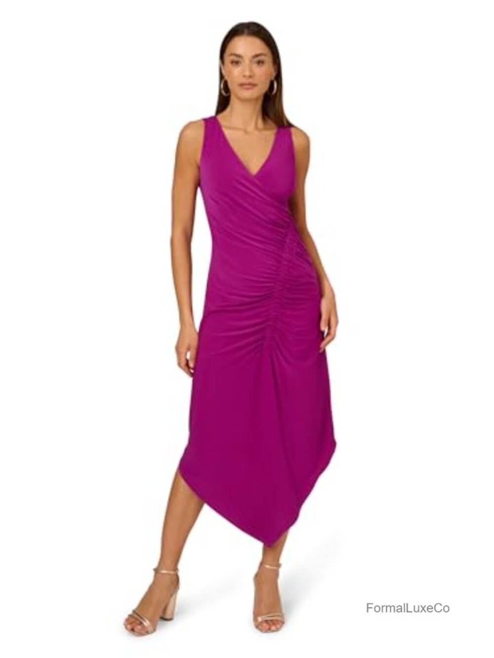 Shirred Jersey Midi Dress Surplice Neck Sleeveless Cocktail Party